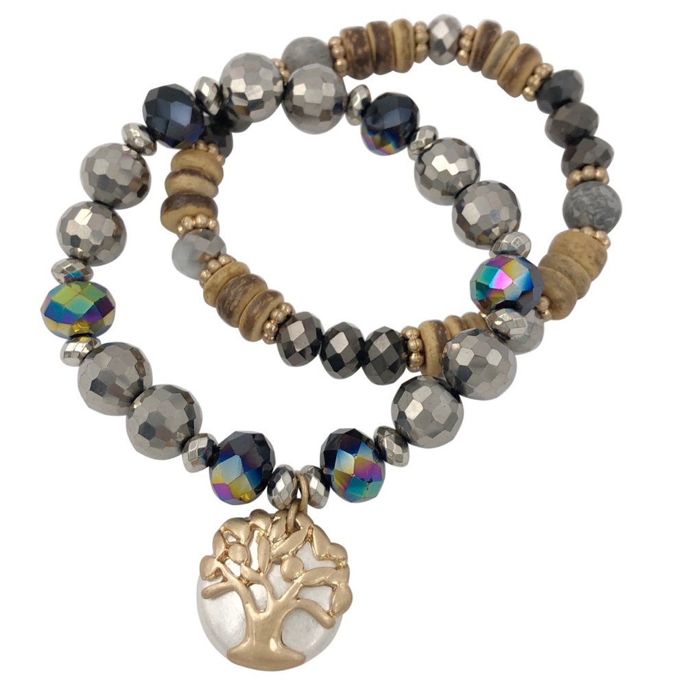 Black Grey Brown Beaded Tree of Life Gold Silver Charm Stretch Bracelet Set